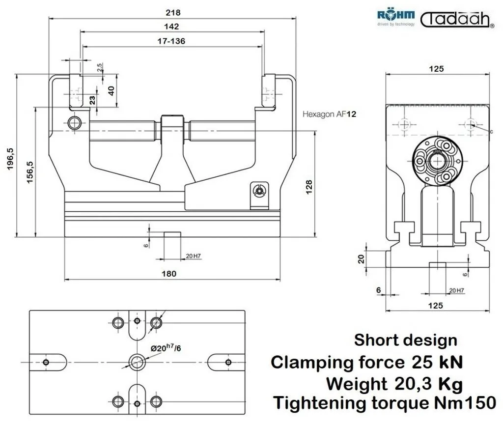 178911 Morsa Rohm RZM centrale short design con ganasce artigliate SKB, senza trasmettitore di potenza - Larghezza ganascia 125m