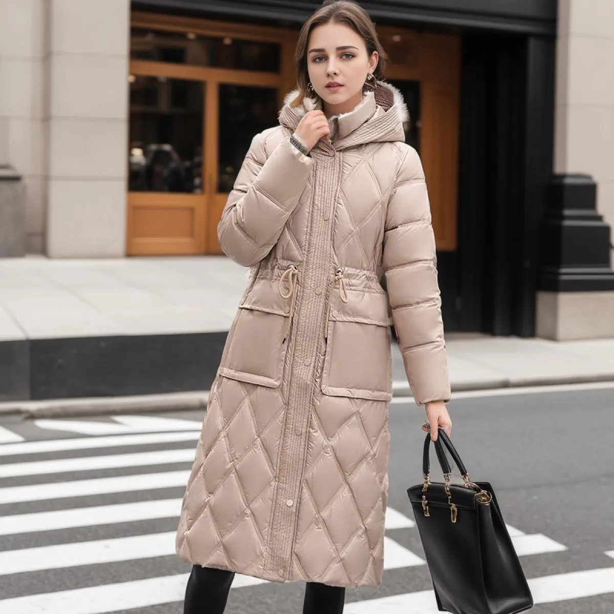 2023 Giacca da neve di media lunghezza con cappuccio in piumino imbottito in cotone invernale da donna Parka vita sottile con co
