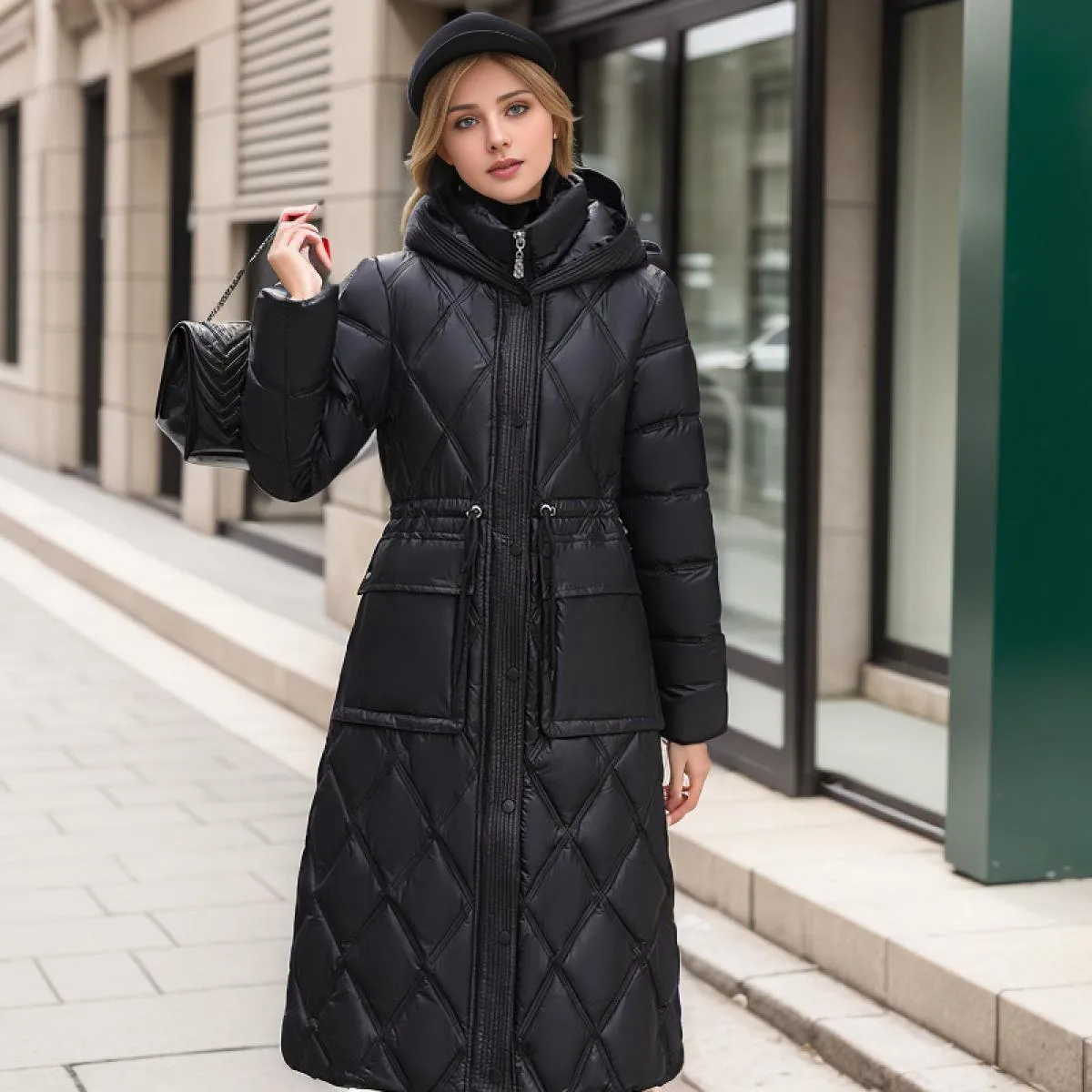 2023 Giacca da neve di media lunghezza con cappuccio in piumino imbottito in cotone invernale da donna Parka vita sottile con co