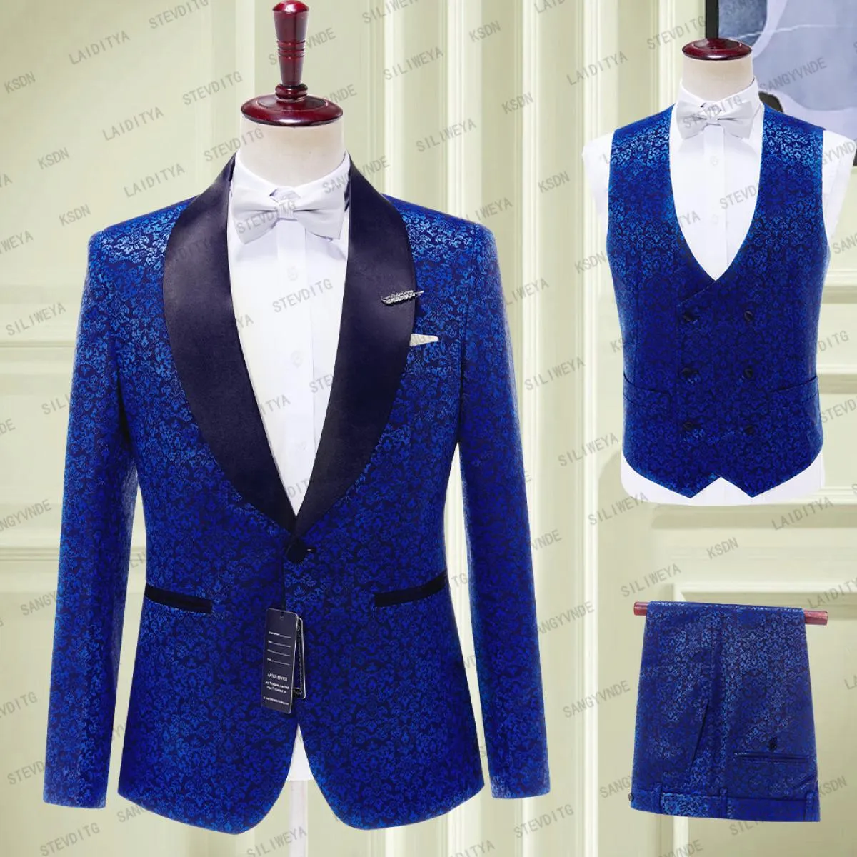 2023 Nuovi Uomini di Arrivo Abiti Scialle Nero Moda Blu Jacquard Modello Flora Groomsmen Matrimonio Migliore (Giacca + pantaloni