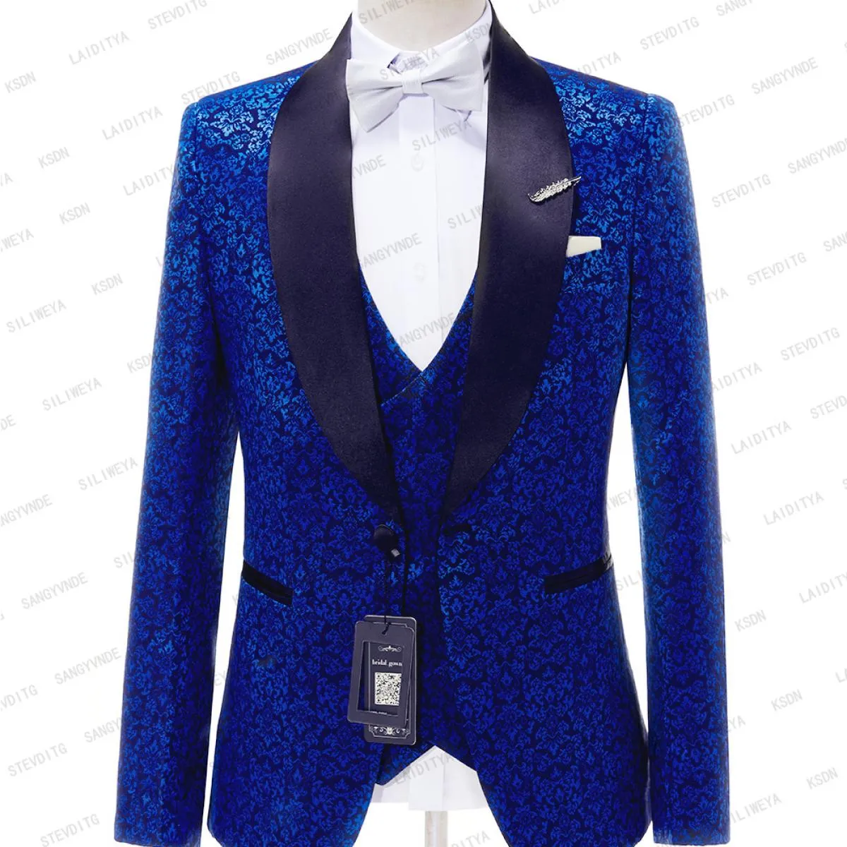 2023 Nuovi Uomini di Arrivo Abiti Scialle Nero Moda Blu Jacquard Modello Flora Groomsmen Matrimonio Migliore (Giacca + pantaloni