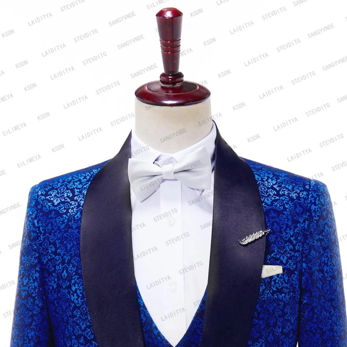 2023 Nuovi Uomini di Arrivo Abiti Scialle Nero Moda Blu Jacquard Modello Flora Groomsmen Matrimonio Migliore (Giacca + pantaloni