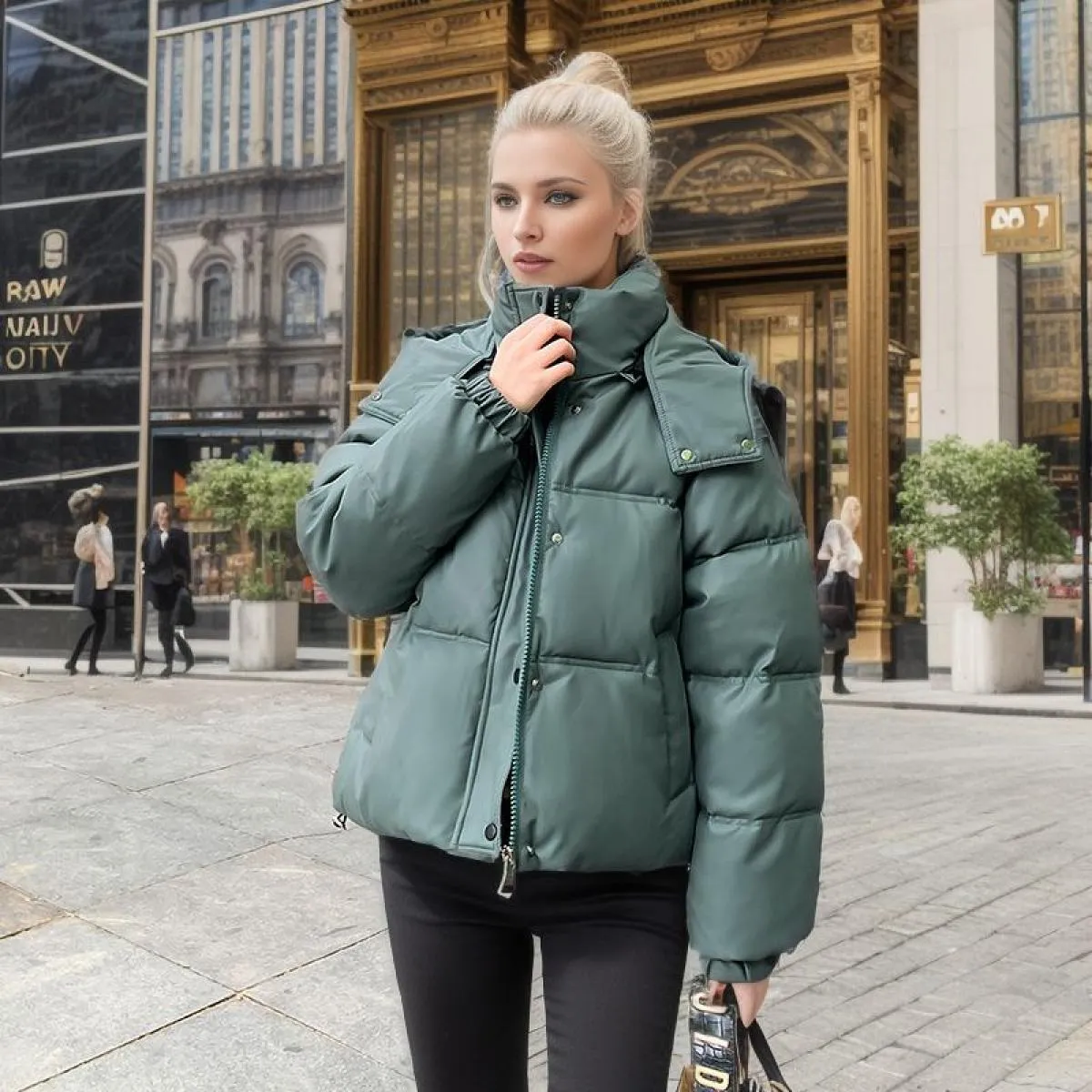 2023 Winter All Match Zipper Parka da donna tinta unita manica intera giacca con bottoni chic piumino corto in cotone con cappuc