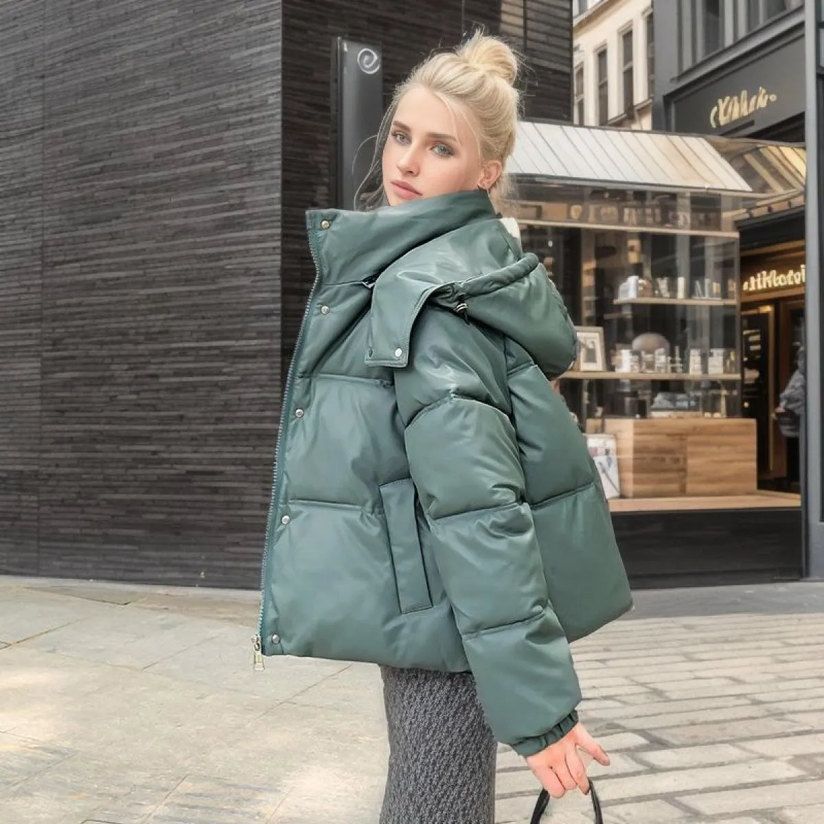 2023 Winter All Match Zipper Parka da donna tinta unita manica intera giacca con bottoni chic piumino corto in cotone con cappuc