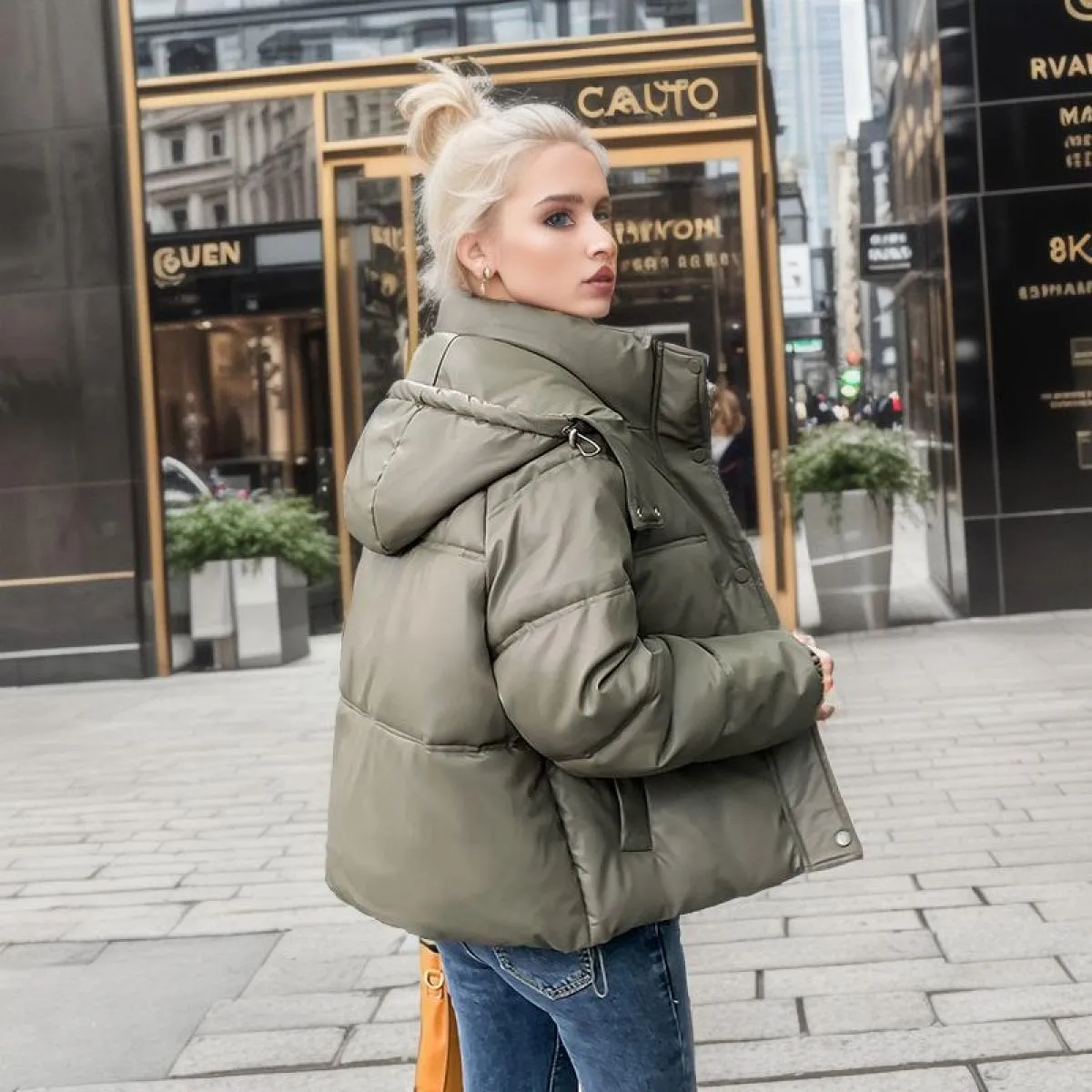 2023 Winter All Match Zipper Parka da donna tinta unita manica intera giacca con bottoni chic piumino corto in cotone con cappuc