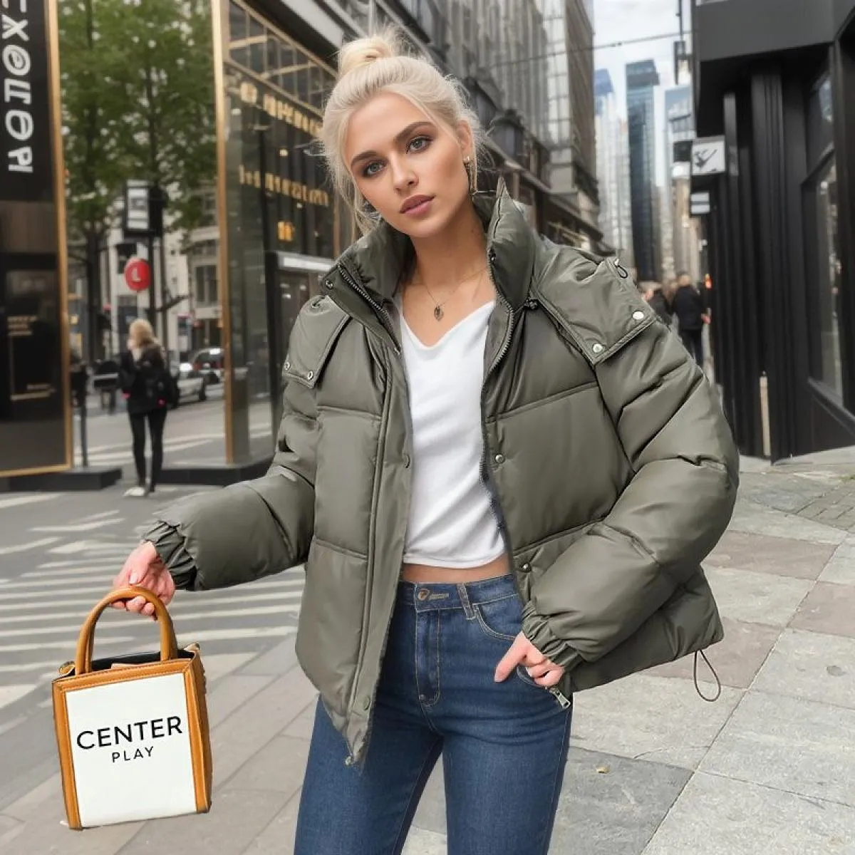 2023 Winter All Match Zipper Parka da donna tinta unita manica intera giacca con bottoni chic piumino corto in cotone con cappuc