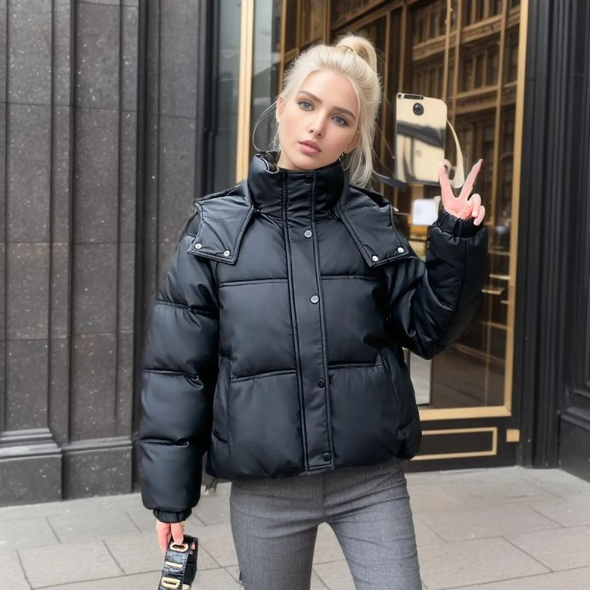 2023 Winter All Match Zipper Parka da donna tinta unita manica intera giacca con bottoni chic piumino corto in cotone con cappuc