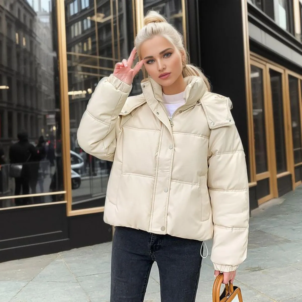 2023 Winter All Match Zipper Parka da donna tinta unita manica intera giacca con bottoni chic piumino corto in cotone con cappuc