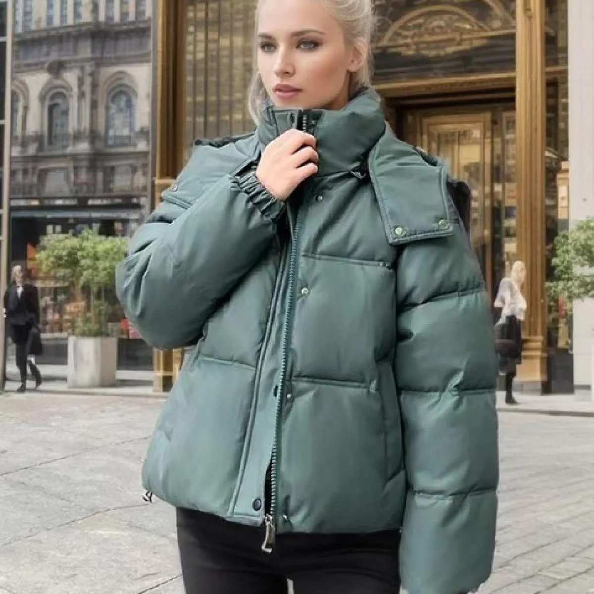 2023 Winter All Match Zipper Parka da donna tinta unita manica intera giacca con bottoni chic piumino corto in cotone con cappuc