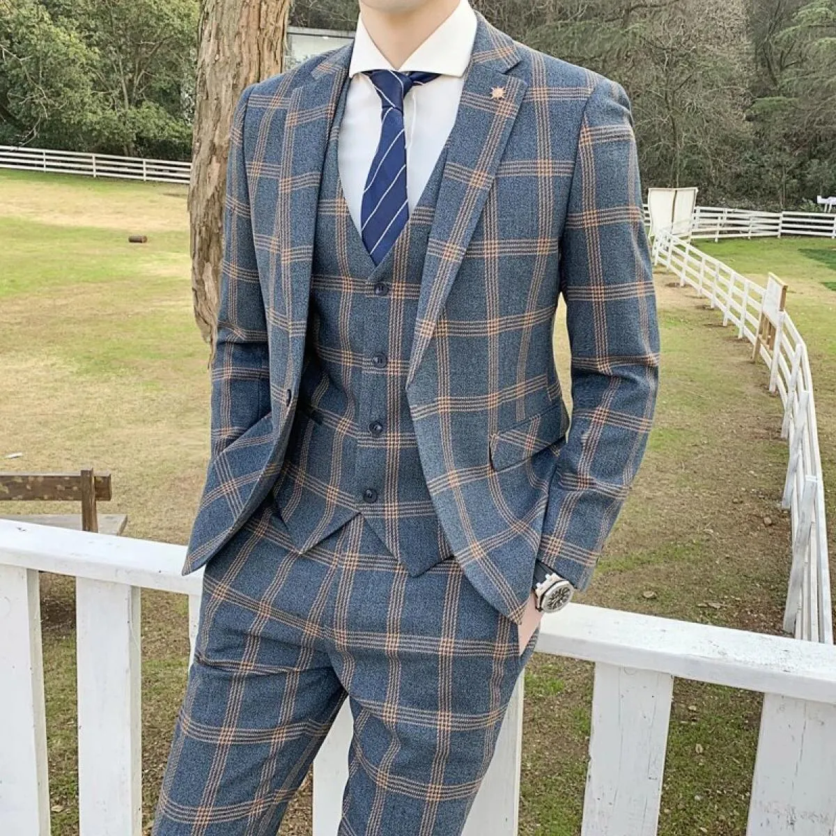 3 pezzi set di abiti giacca pantaloni gilet / 2023 moda uomo casual boutique business slim plaid abito formale blazer pantaloni