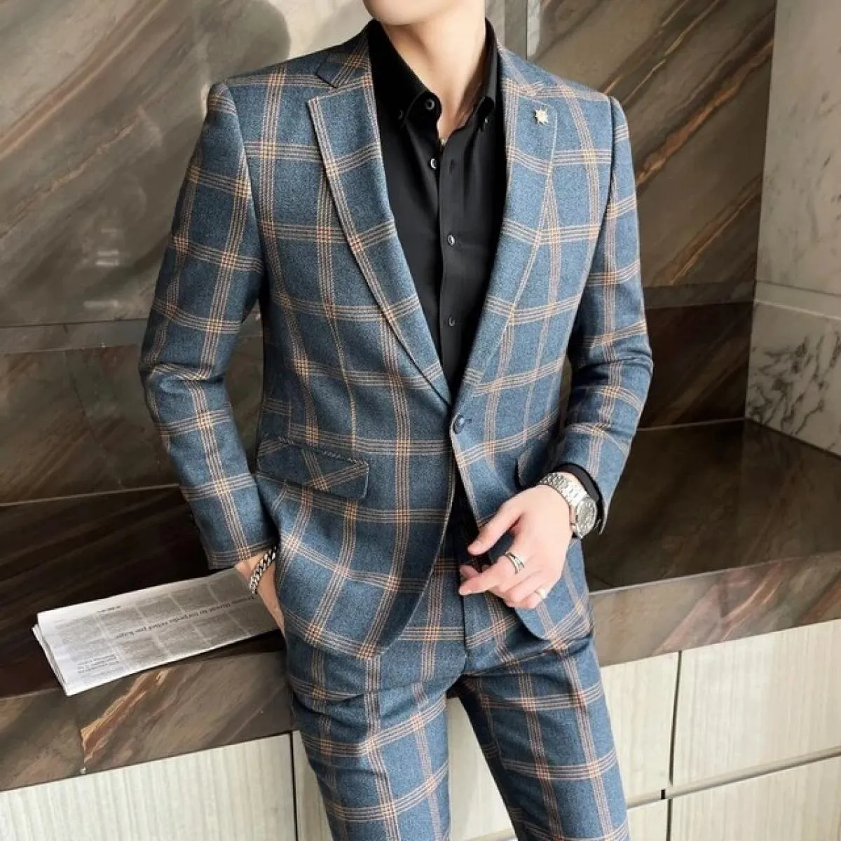3 pezzi set di abiti giacca pantaloni gilet / 2023 moda uomo casual boutique business slim plaid abito formale blazer pantaloni