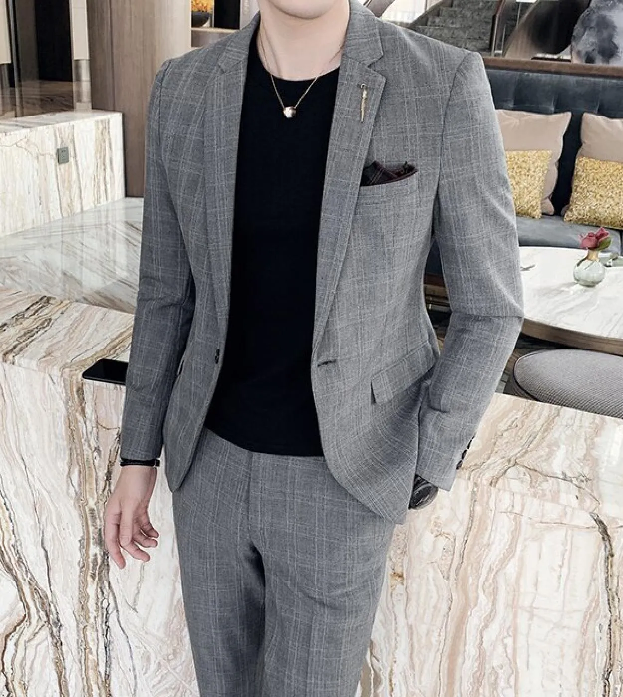 7xl Abito formale da uomo in due pezzi Moda a quadri a righe Abito da lavoro casual da uomo Blazer Pantaloni Sposo Abito da spos