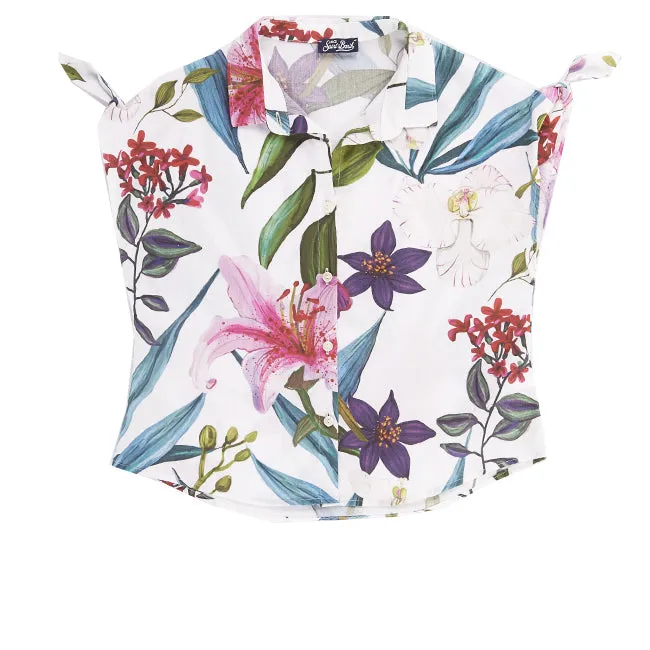 Abito chemisier da bambina con stampa maxi di fiori tropicali