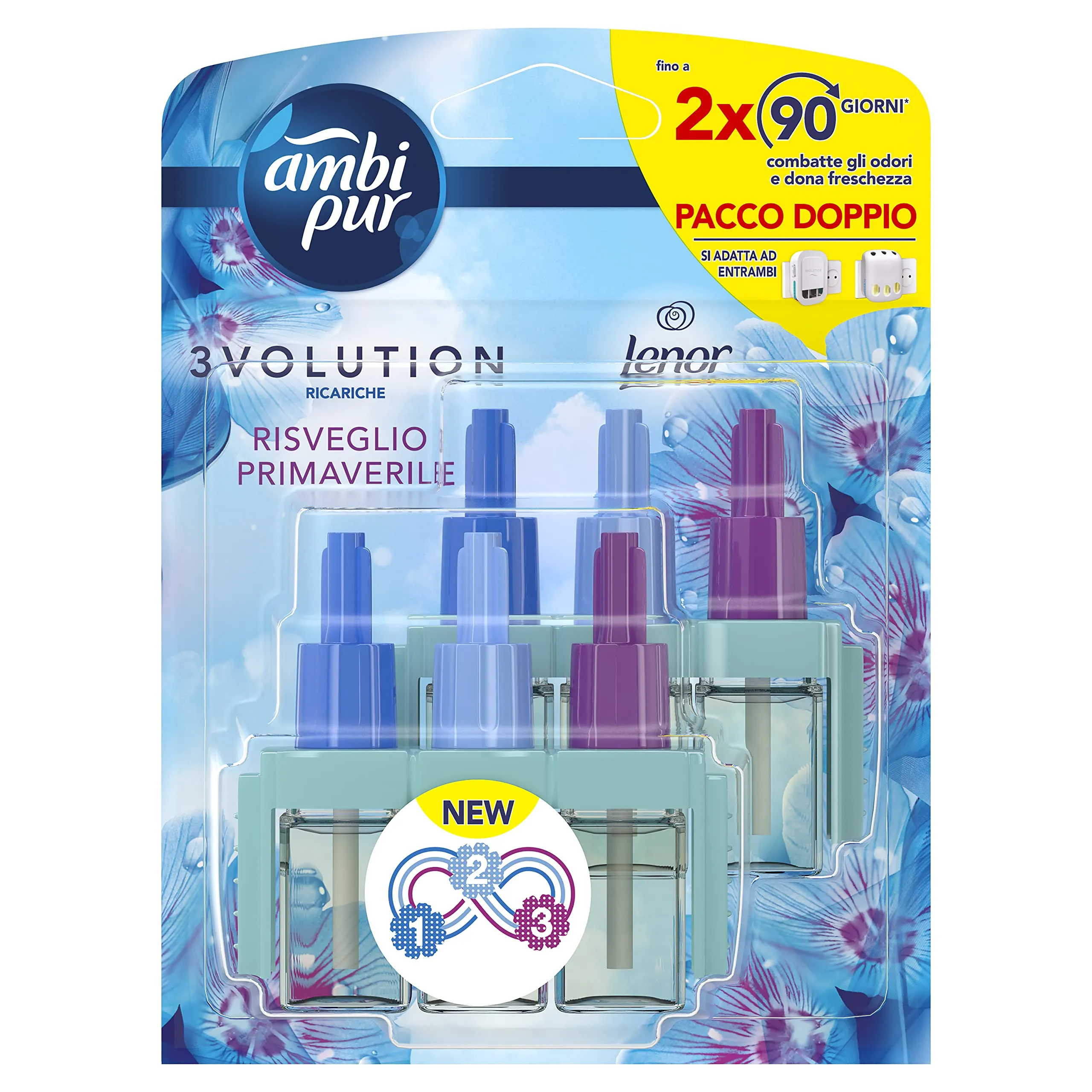 Ambi Pur 3Volution Profumatore per Ambienti, 2 Ricariche per Diffurore Elettrico, Fragranza Lenor Risveglio Primaverile, tecnolo