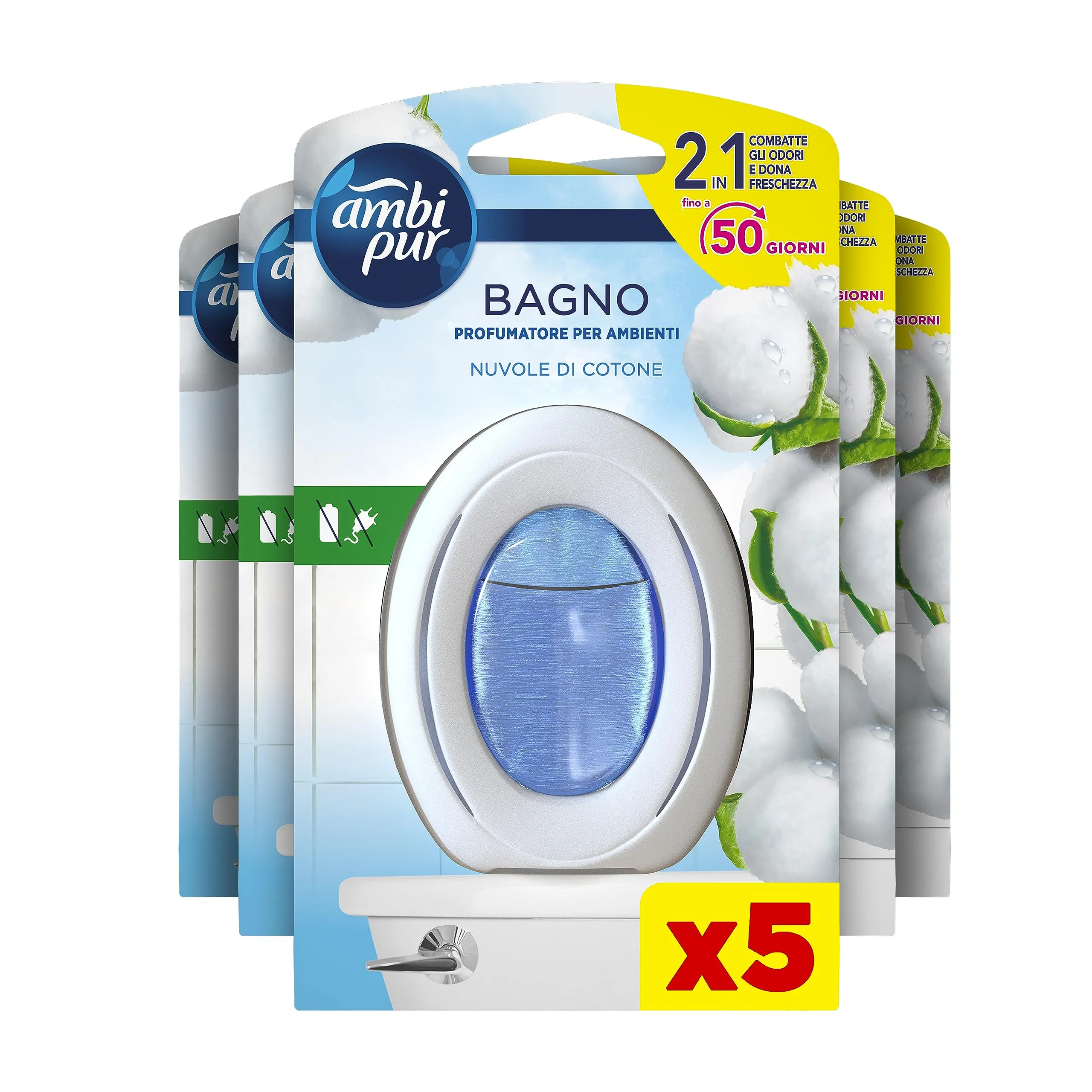 Ambi Pur Bagno Profumatore Per Ambienti, 5 Profumatori Bagno, Fragranza Nuvole Di Cotone, Diffusore Ambiente Con Tecnologia Elim