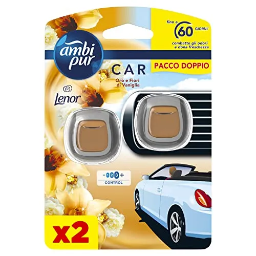 Ambi Pur Profumatore Auto, 2 Deodoranti Auto, Fragranza Oro e Fiori di Vaniglia, Elimina Odori, Facile da Agganciare, Fino a 30 