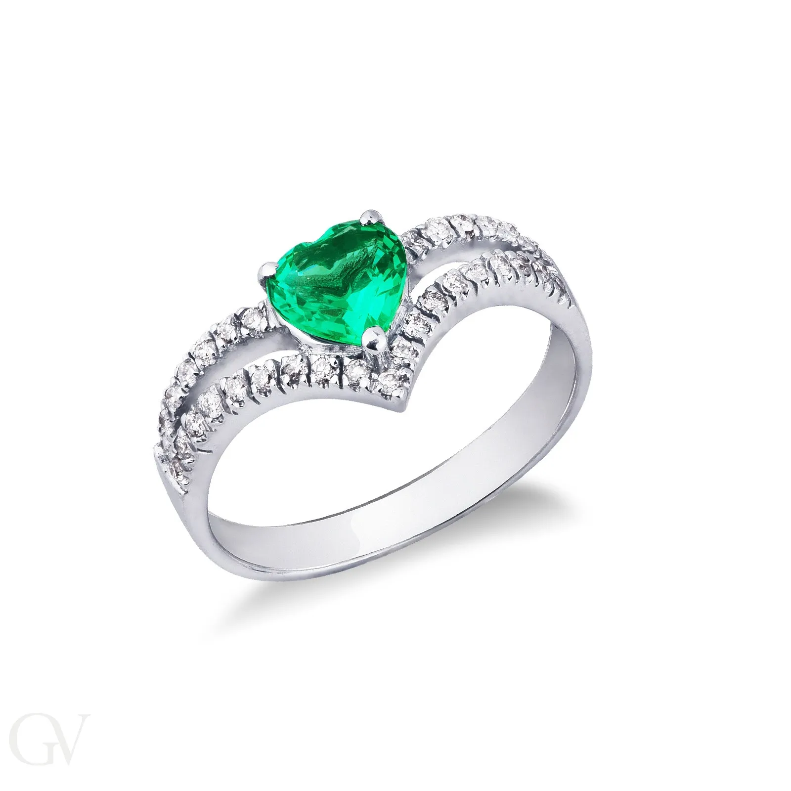 Anello in oro bianco 18k con cuore in smeraldo e diamanti