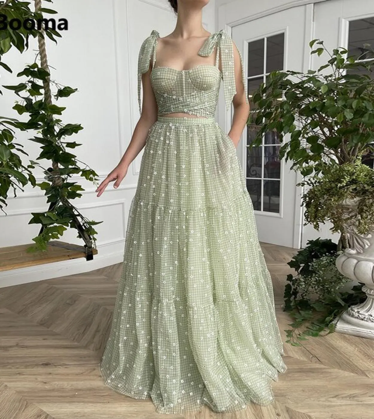 Booma Green Gingham Tulle Two Pieces A Line Prom Dresses Bow Straps Crop Top Flowers Wedding Party Dresses Summer Matchi