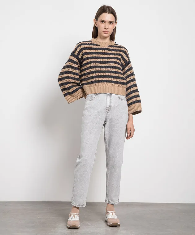 Brunello Cucinelli Maglia marrone a righe in lana, cashmere e seta M6D367200P