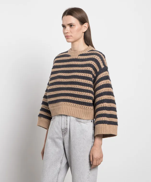 Brunello Cucinelli Maglia marrone a righe in lana, cashmere e seta M6D367200P