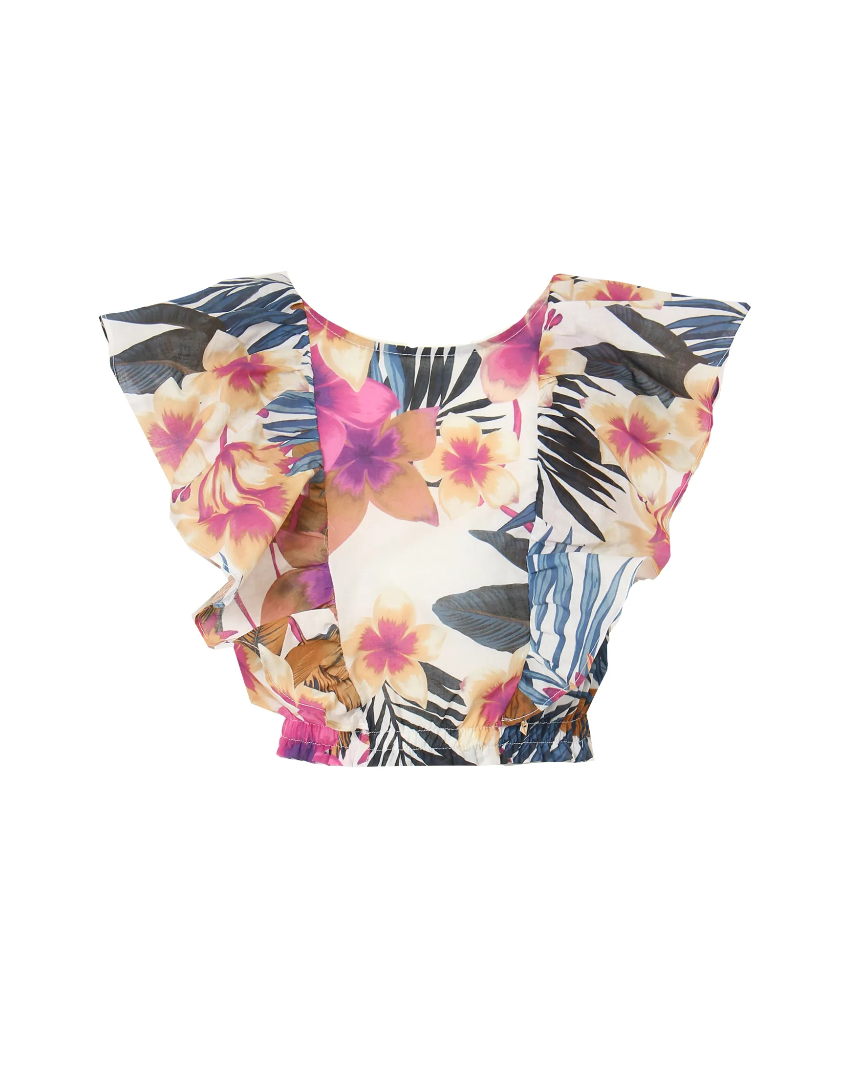 Camicetta smanicata con maxi volant sulle spalle e stampa all-over tropicale 10-16 anni