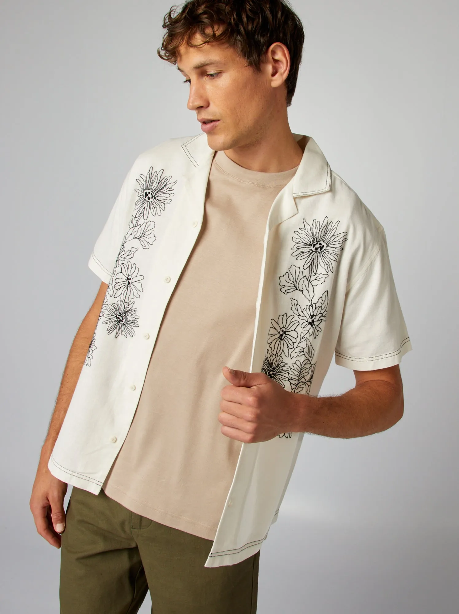 Camicia a maniche corte in misto lino - BIANCO