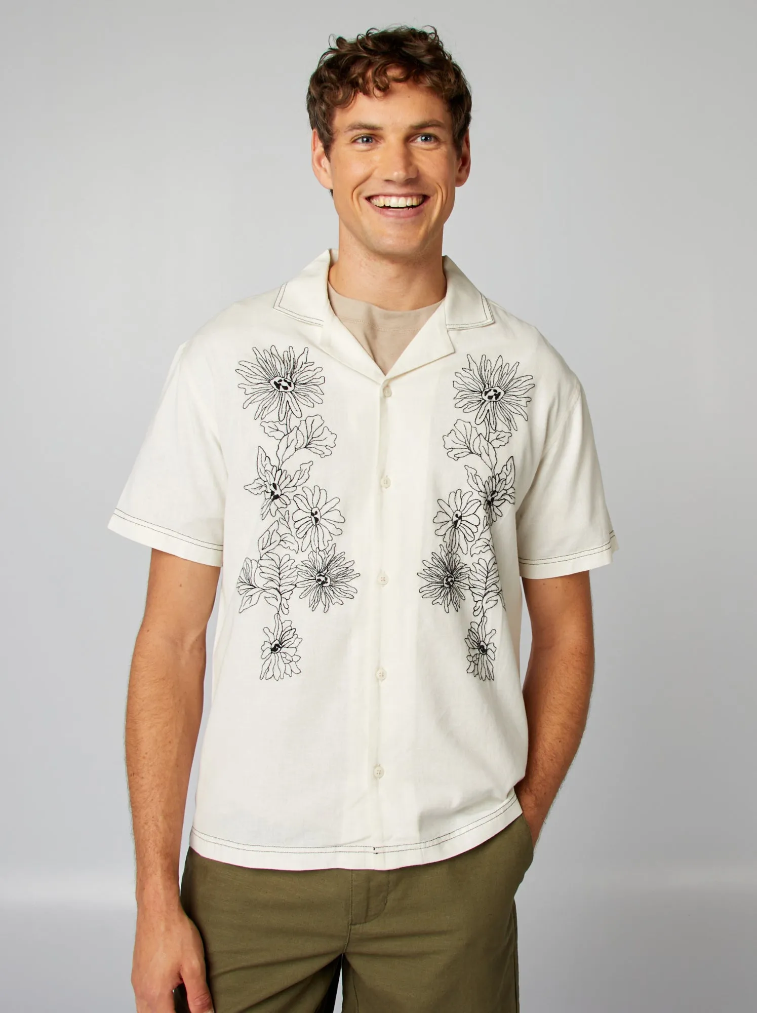 Camicia a maniche corte in misto lino - BIANCO