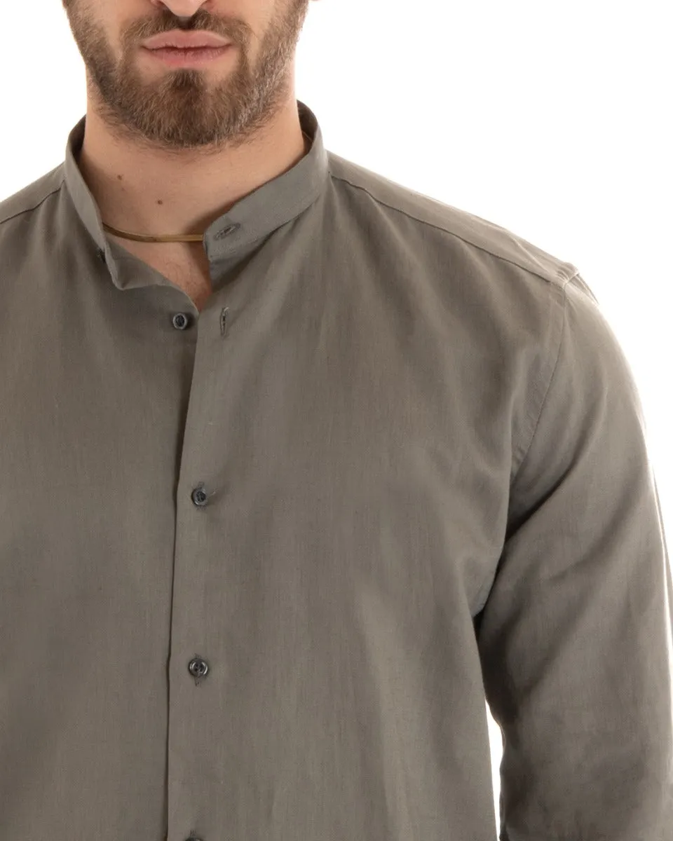 Camicia Uomo Collo Coreano Manica Lunga Lino Tinta Unita Sartoriale Fango GIOSAL-C2672A
