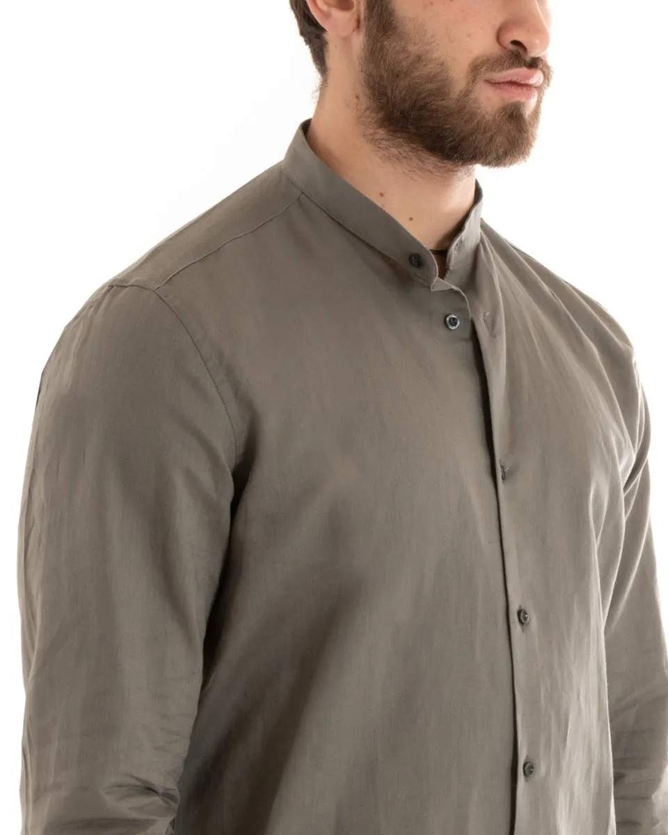 Camicia Uomo Collo Coreano Manica Lunga Lino Tinta Unita Sartoriale Fango GIOSAL-C2672A