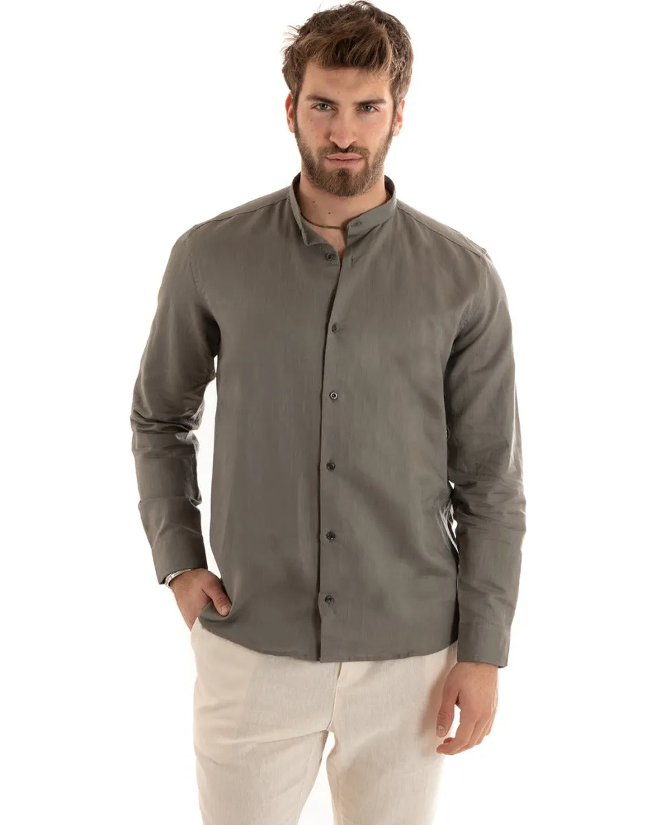 Camicia Uomo Collo Coreano Manica Lunga Lino Tinta Unita Sartoriale Fango GIOSAL-C2672A