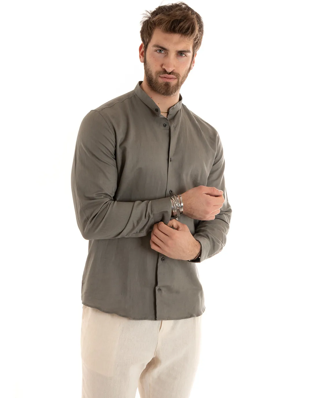Camicia Uomo Collo Coreano Manica Lunga Lino Tinta Unita Sartoriale Fango GIOSAL-C2672A