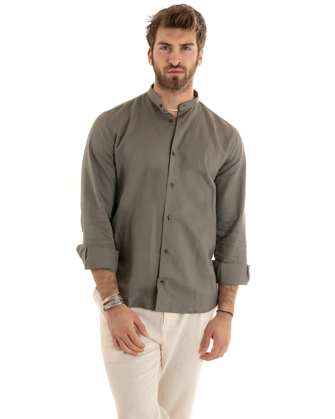 Camicia Uomo Collo Coreano Manica Lunga Lino Tinta Unita Sartoriale Fango GIOSAL-C2672A