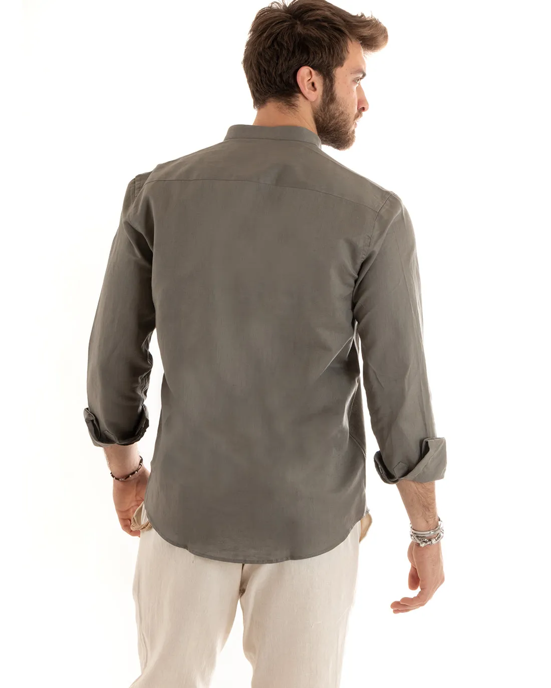 Camicia Uomo Collo Coreano Manica Lunga Lino Tinta Unita Sartoriale Fango GIOSAL-C2672A