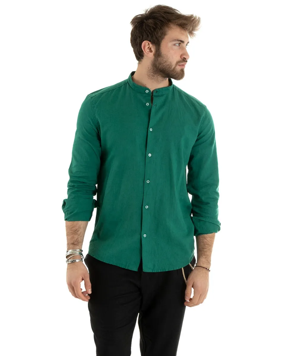 Camicia Uomo Collo Coreano Manica Lunga Lino Tinta Unita Sartoriale Verde GIOSAL-C2673A