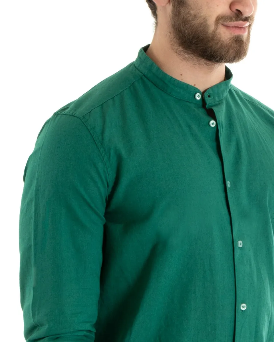 Camicia Uomo Collo Coreano Manica Lunga Lino Tinta Unita Sartoriale Verde GIOSAL-C2673A