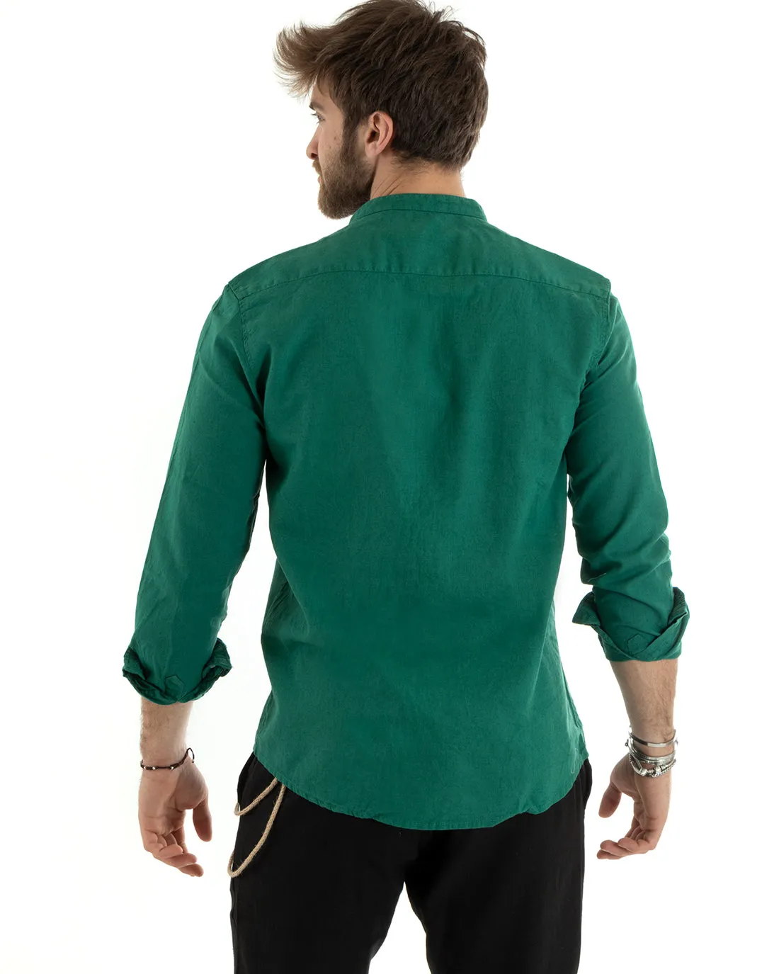 Camicia Uomo Collo Coreano Manica Lunga Lino Tinta Unita Sartoriale Verde GIOSAL-C2673A