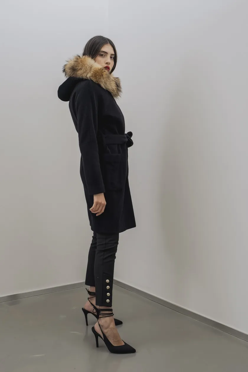 CAPPOTTO 1505 TES PURA LANA VE NERO VERA PELLICCIA