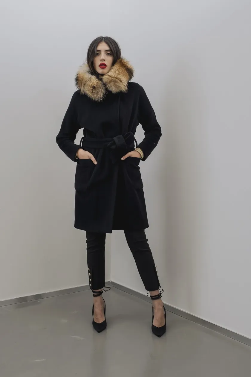 CAPPOTTO 1505 TES PURA LANA VE NERO VERA PELLICCIA
