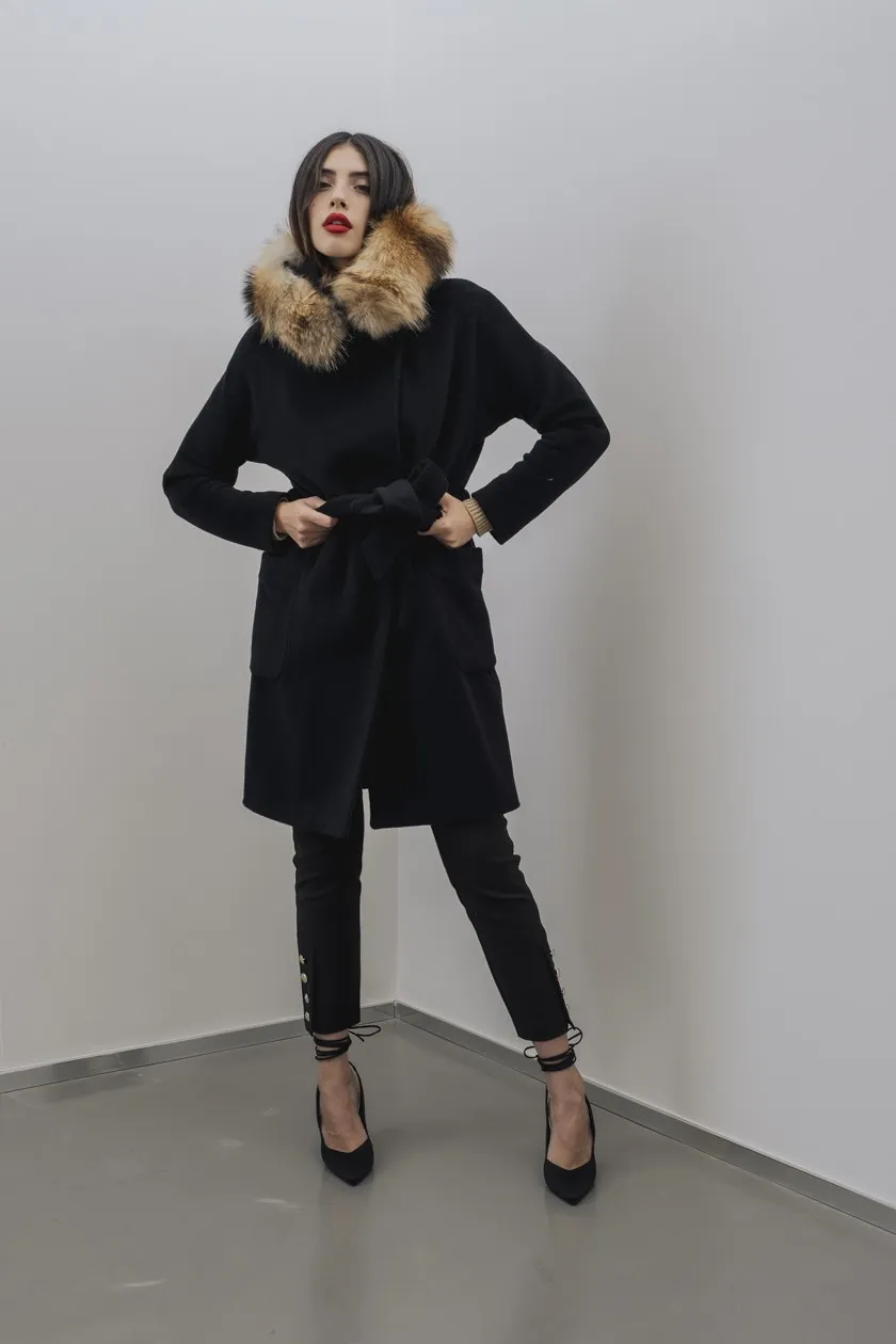 CAPPOTTO 1505 TES PURA LANA VE NERO VERA PELLICCIA