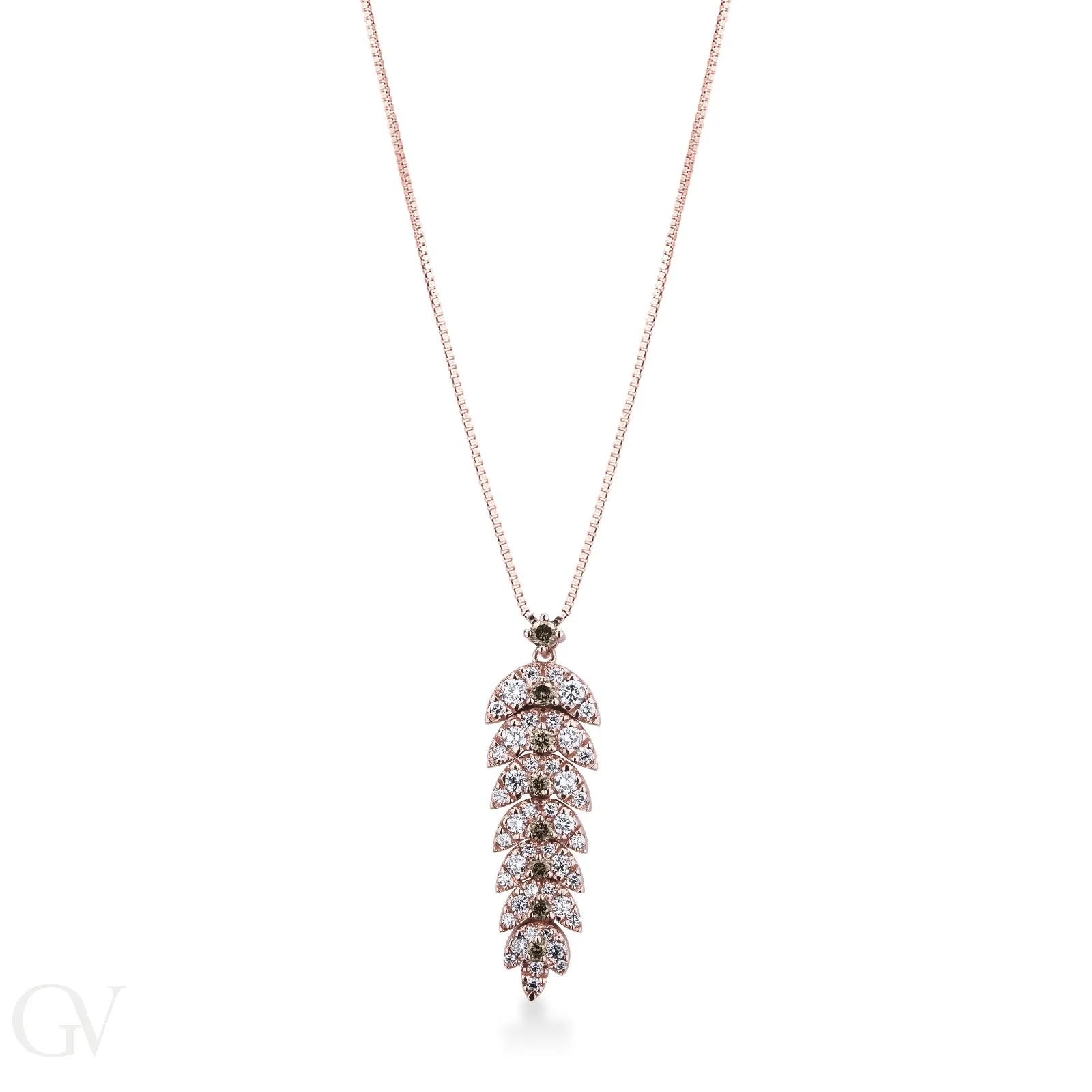 Collana in oro rosa 18k con ciondolo di diamanti bianchi e brown