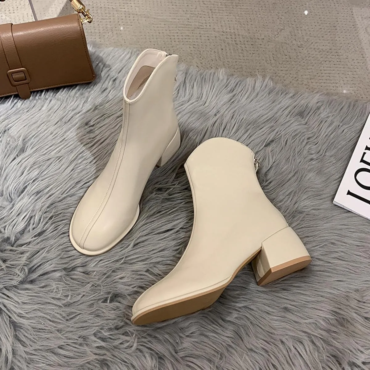 Donne di marca di lusso Beige 5 cm tacco alto alla caviglia caviglia inverno femminile punta quadrata Chelsea stivali corti da d