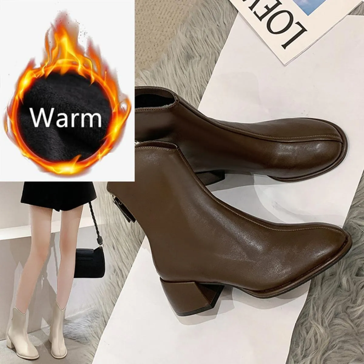Donne di marca di lusso Beige 5 cm tacco alto alla caviglia caviglia inverno femminile punta quadrata Chelsea stivali corti da d