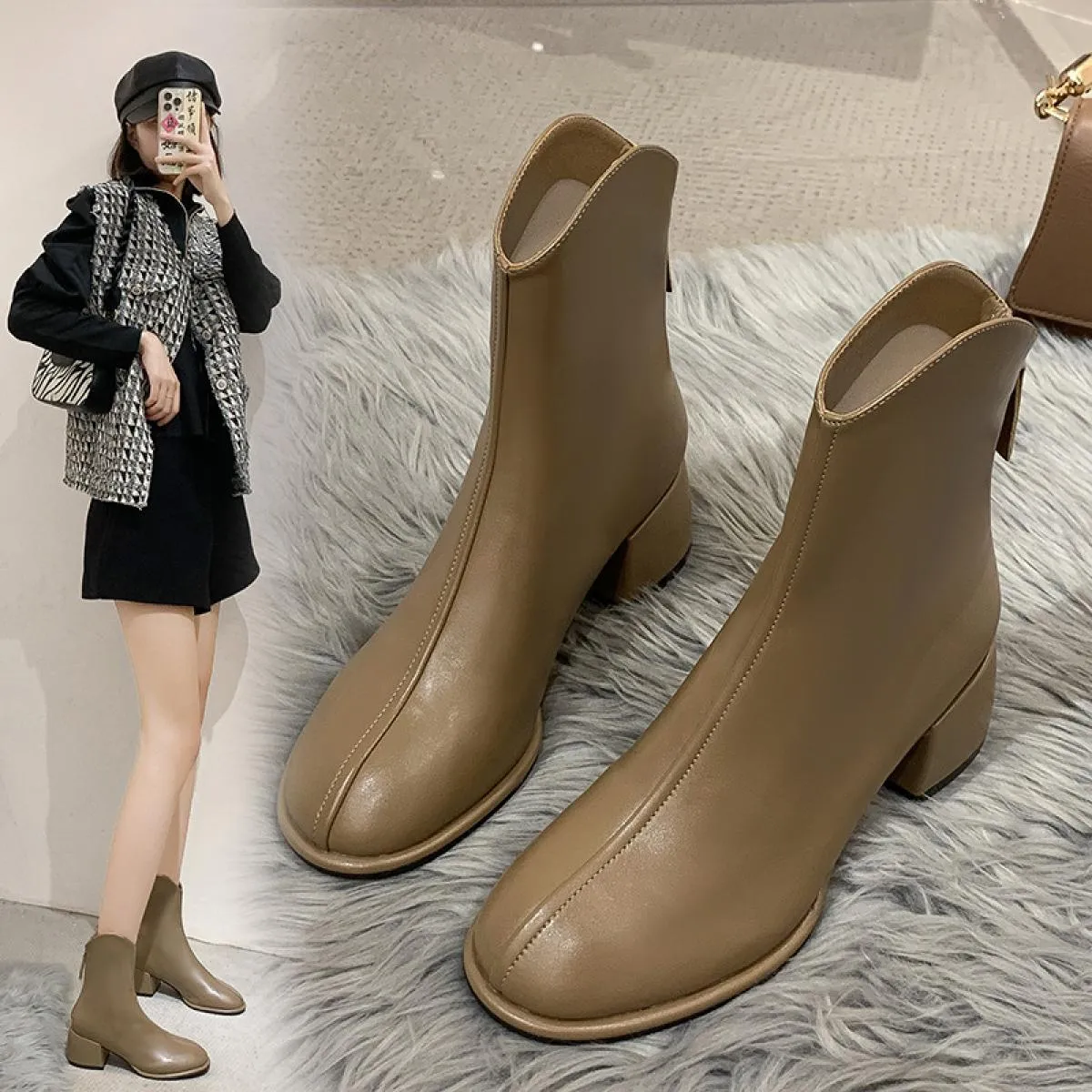 Donne di marca di lusso Beige 5 cm tacco alto alla caviglia caviglia inverno femminile punta quadrata Chelsea stivali corti da d