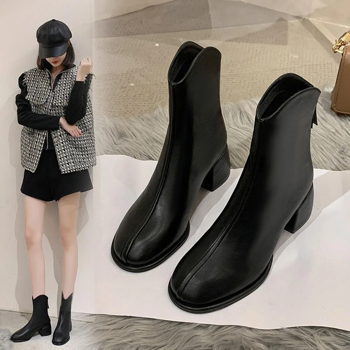 Donne di marca di lusso Beige 5 cm tacco alto alla caviglia caviglia inverno femminile punta quadrata Chelsea stivali corti da d