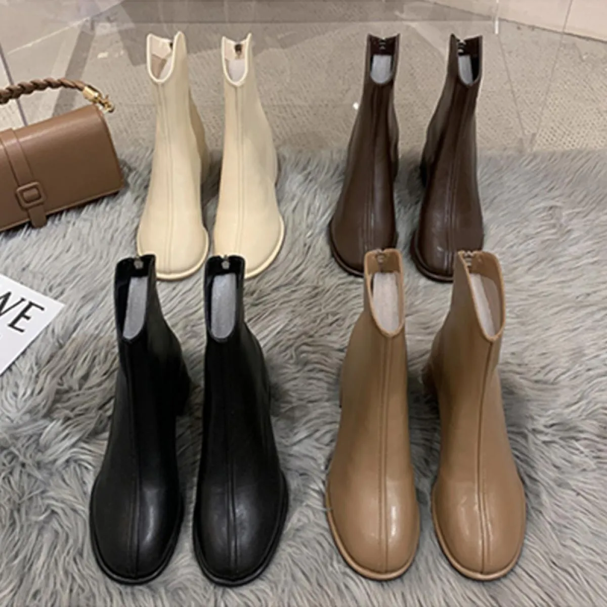 Donne di marca di lusso Beige 5 cm tacco alto alla caviglia caviglia inverno femminile punta quadrata Chelsea stivali corti da d