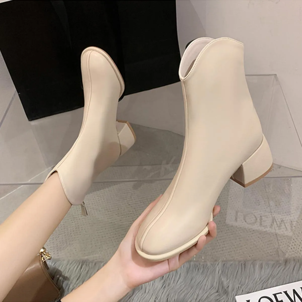 Donne di marca di lusso Beige 5 cm tacco alto alla caviglia caviglia inverno femminile punta quadrata Chelsea stivali corti da d