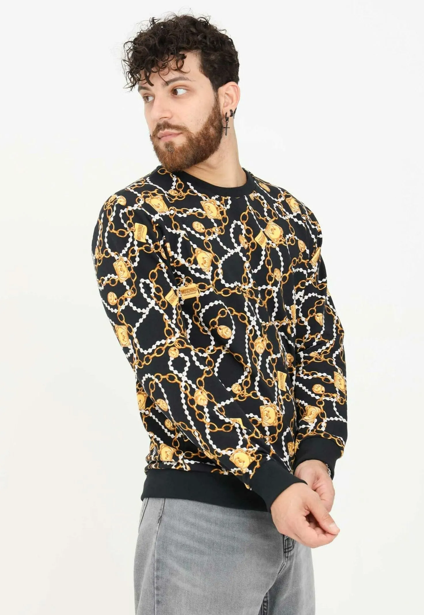 Felpa Moschino Girocollo Nero Oro Perle Bianche