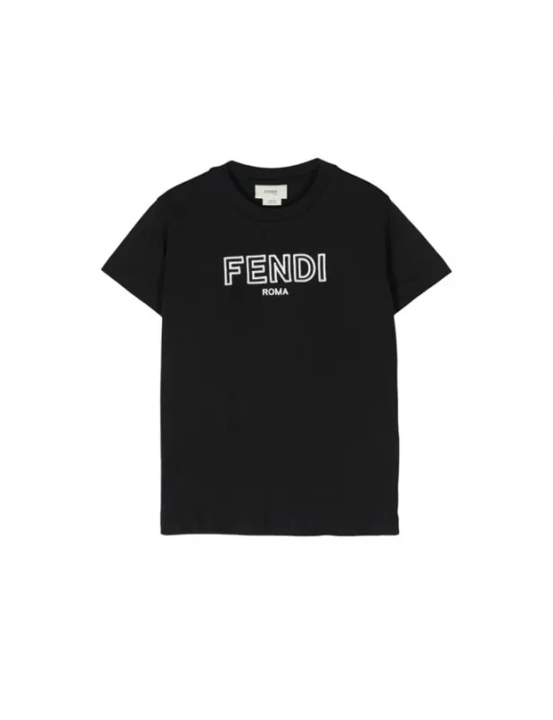 Fendi     T-shirt nera con logo cucito a contrasto Fendi