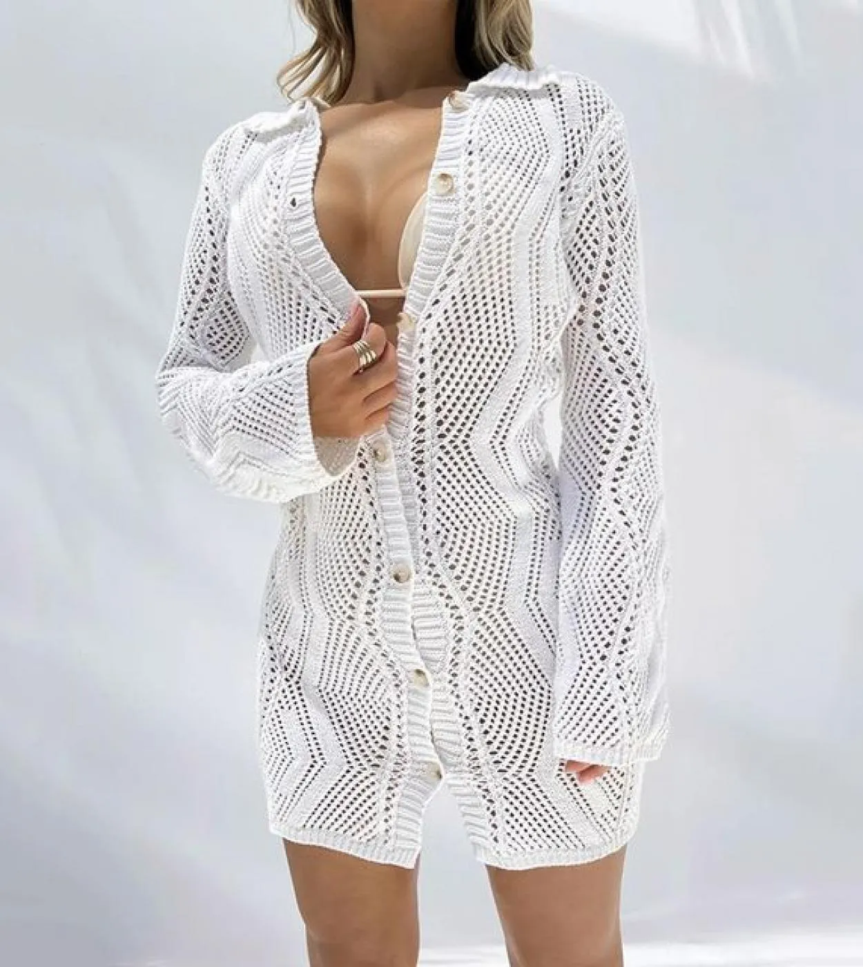 Gacvga Casual lavorato a maglia mini 2022 estate autunno abito camicia donna scava fuori manica lunga maglieria cardigan da donn