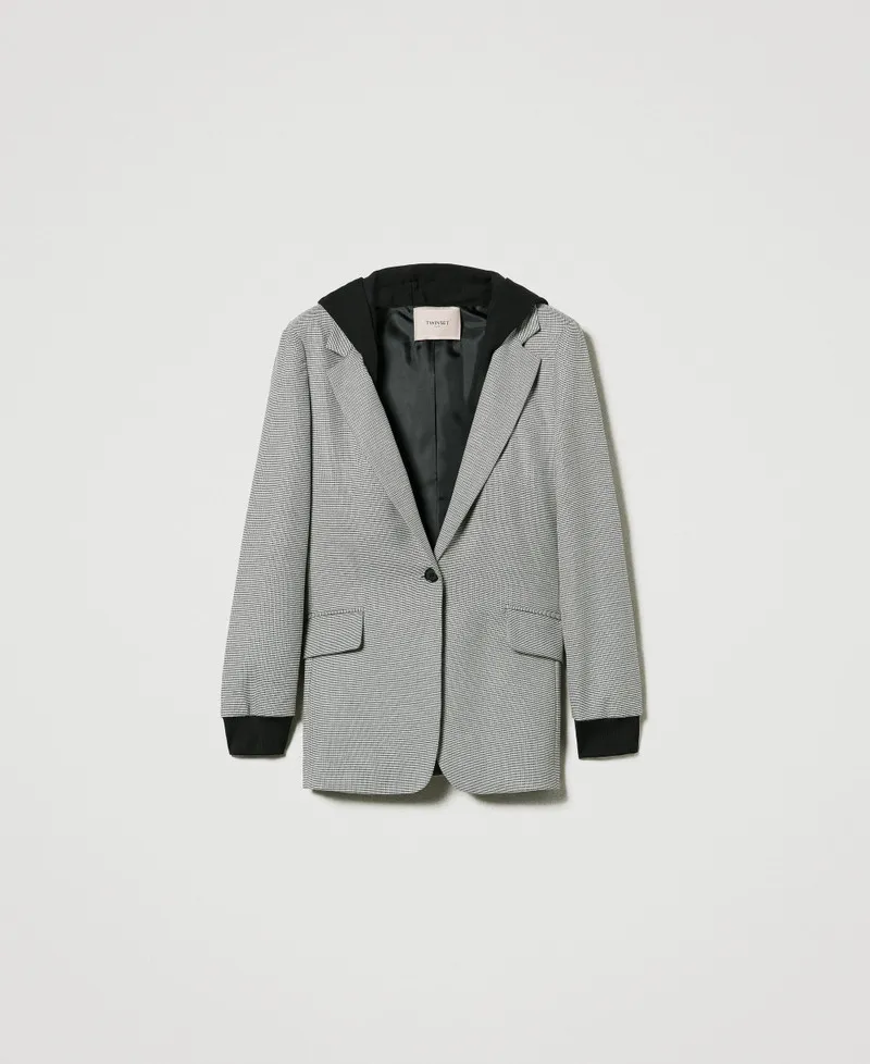 Giacca blazer in pied de poule con cappuccio